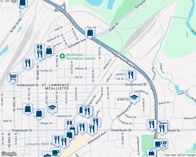 map of restaurants, bars, coffee shops, grocery stores, and more near 2507 Elk St in Lafayette