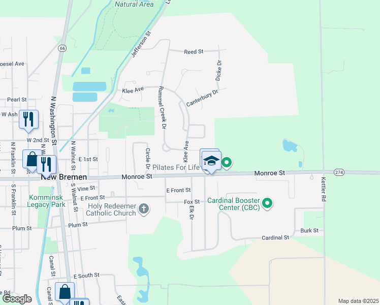 map of restaurants, bars, coffee shops, grocery stores, and more near 3 Melrose Place in New Bremen