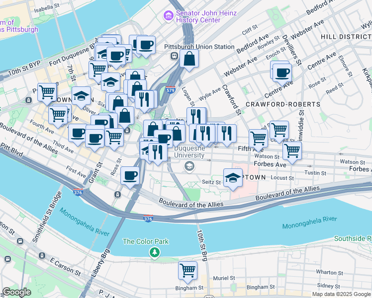 map of restaurants, bars, coffee shops, grocery stores, and more near 1008 Fifth Avenue in Pittsburgh