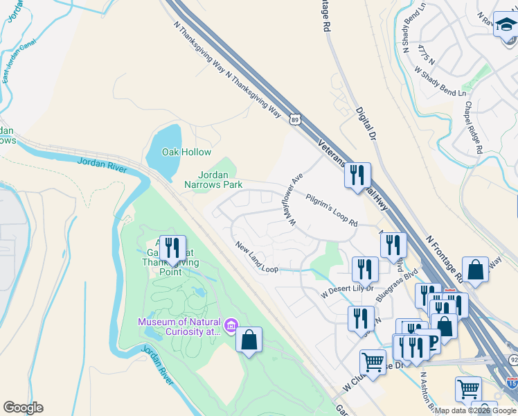 map of restaurants, bars, coffee shops, grocery stores, and more near 3546 New Land Loop in Lehi