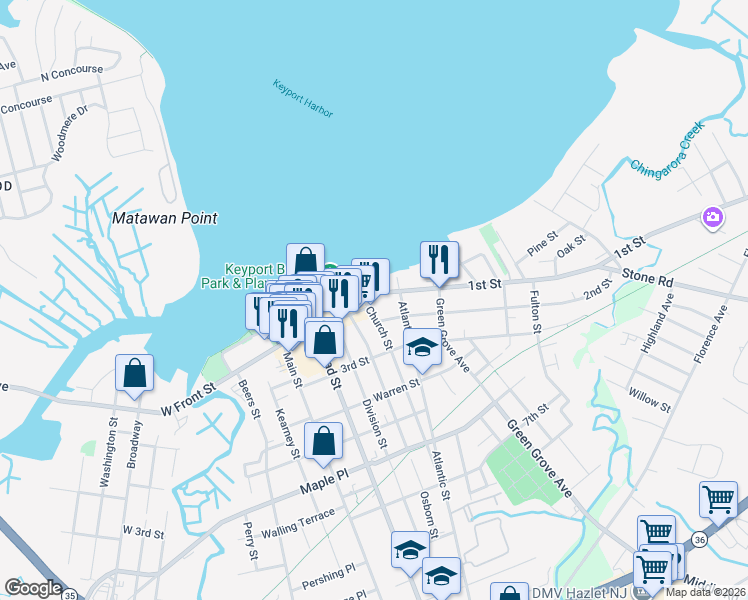 map of restaurants, bars, coffee shops, grocery stores, and more near 86 1st Street in Keyport