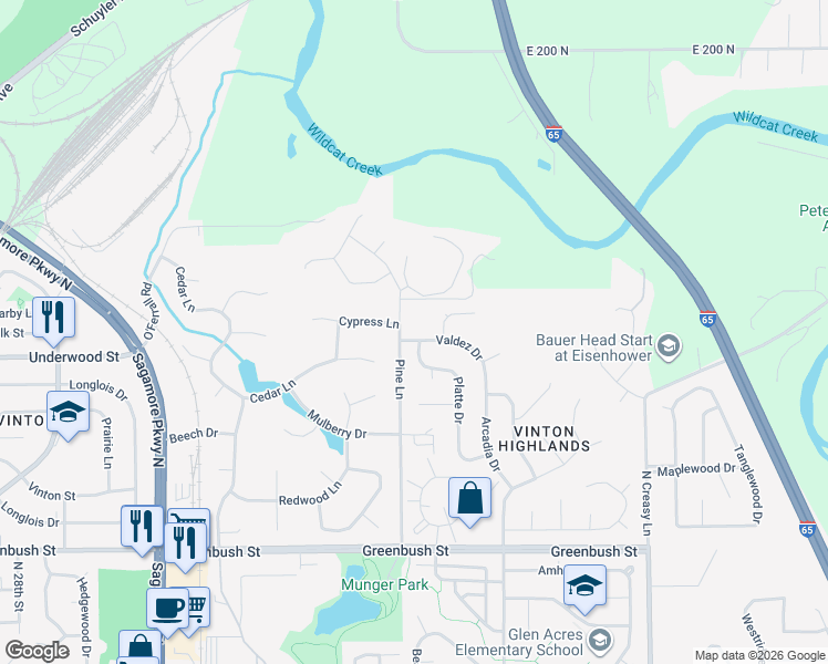 map of restaurants, bars, coffee shops, grocery stores, and more near 3604 Valdez Drive in Lafayette