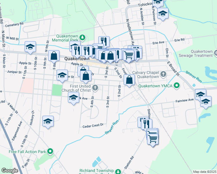 map of restaurants, bars, coffee shops, grocery stores, and more near 116 South 3rd Street in Quakertown