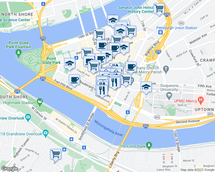 map of restaurants, bars, coffee shops, grocery stores, and more near 320 Smithfield Street in Pittsburgh