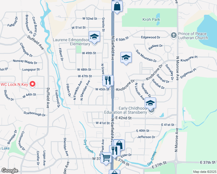 map of restaurants, bars, coffee shops, grocery stores, and more near 115 West 45th Street in Loveland