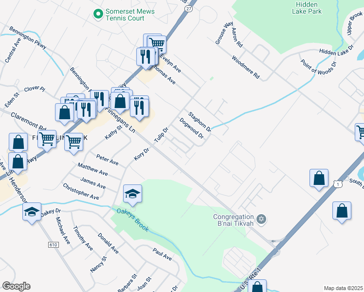 map of restaurants, bars, coffee shops, grocery stores, and more near 48 Aspen Drive in North Brunswick Township