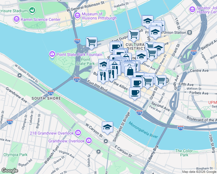 map of restaurants, bars, coffee shops, grocery stores, and more near 151 Fort Pitt Boulevard in Pittsburgh