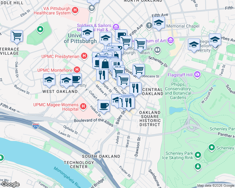map of restaurants, bars, coffee shops, grocery stores, and more near in Pittsburgh
