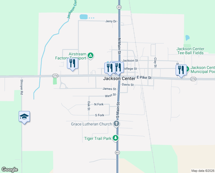 map of restaurants, bars, coffee shops, grocery stores, and more near 204 James Street in Jackson Center