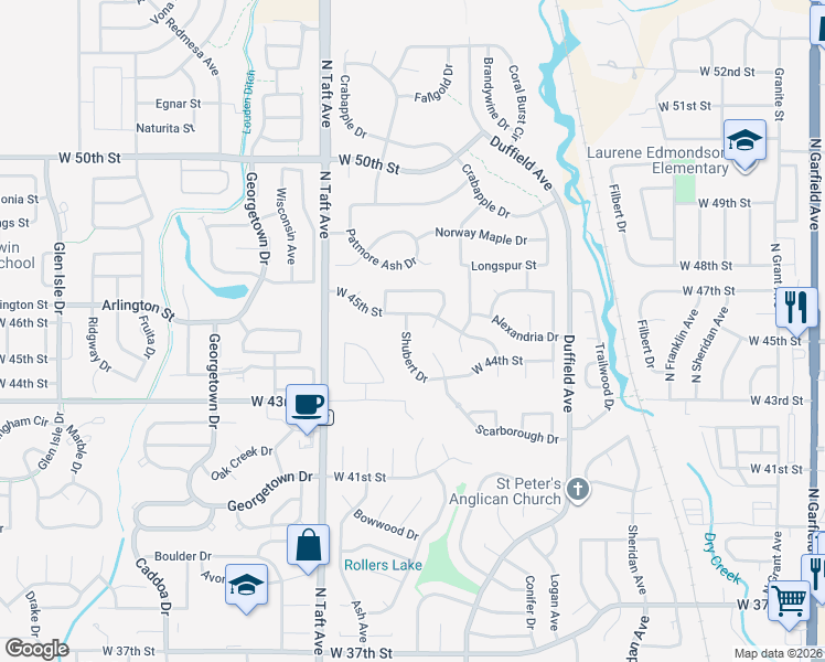 map of restaurants, bars, coffee shops, grocery stores, and more near 4482 Shubert Drive in Loveland