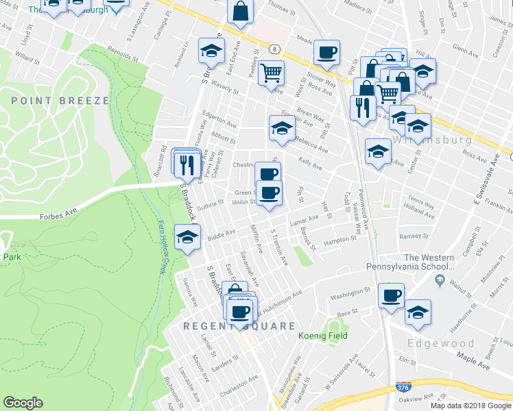 map of restaurants, bars, coffee shops, grocery stores, and more near 234 Union Street in Pittsburgh