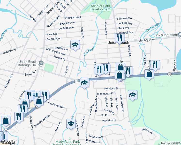 map of restaurants, bars, coffee shops, grocery stores, and more near 424 Aumack Avenue in Union Beach