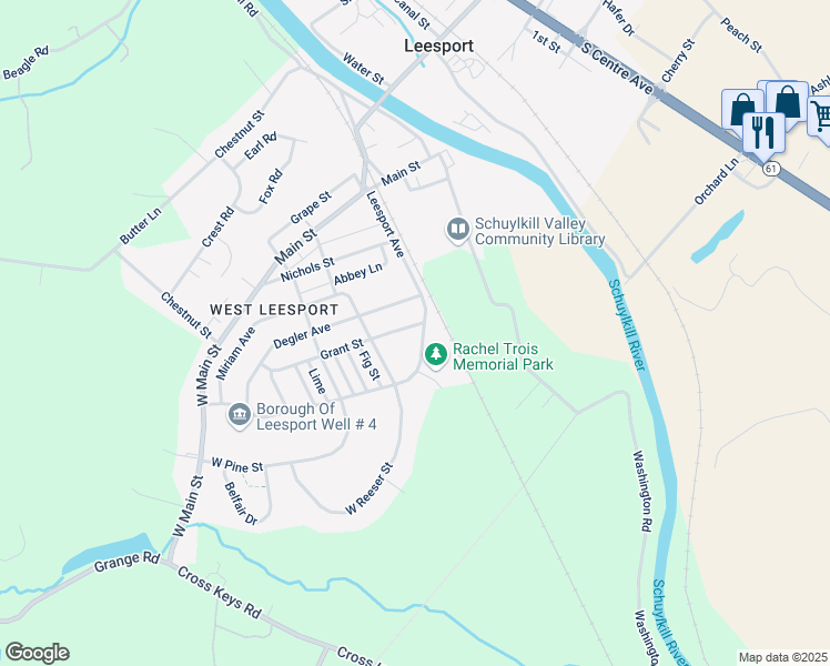 map of restaurants, bars, coffee shops, grocery stores, and more near 250 Grant Street in Leesport