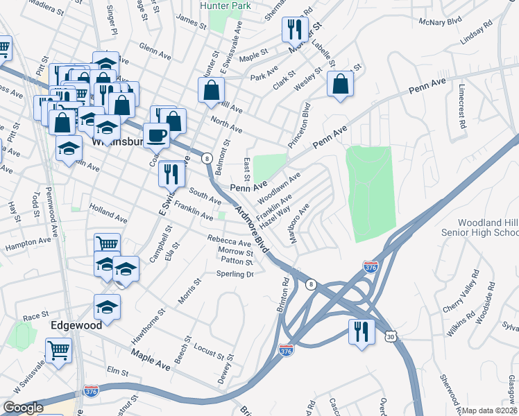 map of restaurants, bars, coffee shops, grocery stores, and more near 1302 Woodlawn St in Pittsburgh