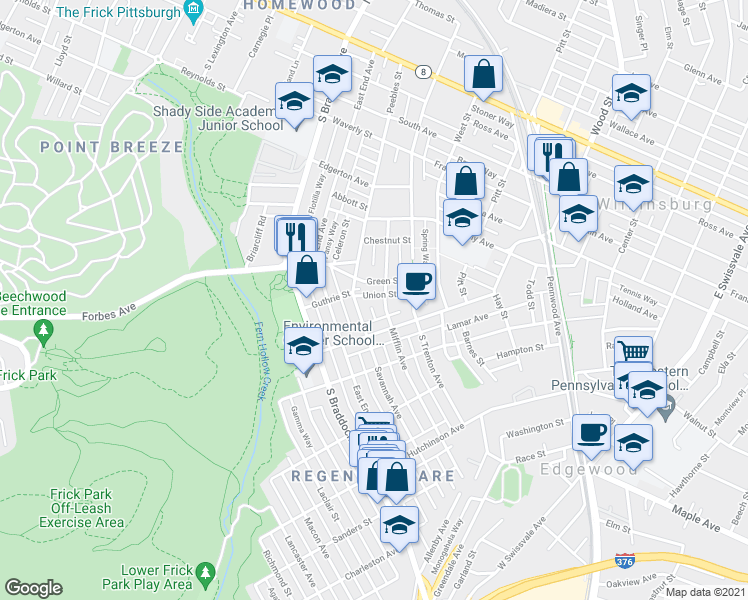 map of restaurants, bars, coffee shops, grocery stores, and more near 709 Savannah Avenue in Pittsburgh