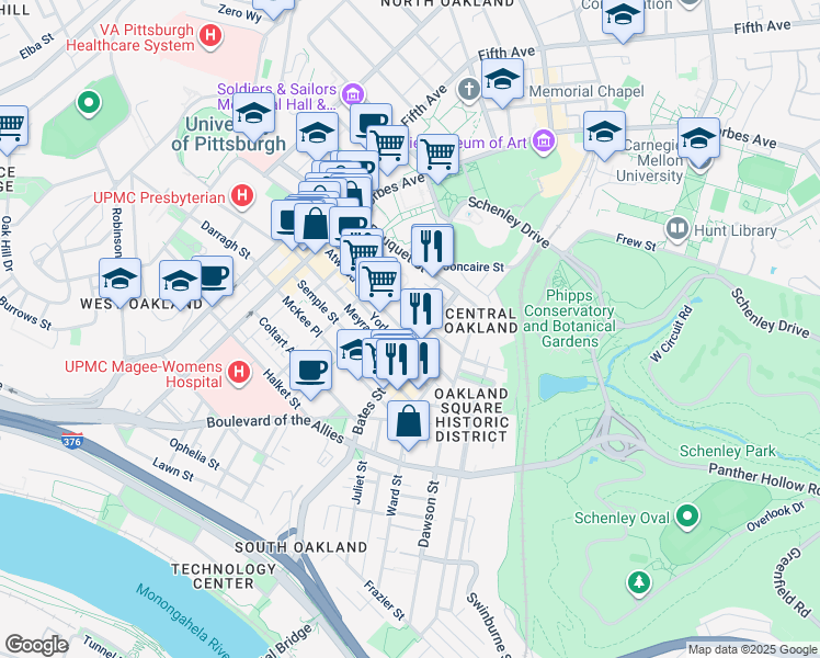 map of restaurants, bars, coffee shops, grocery stores, and more near 356 Atwood Street in Pittsburgh