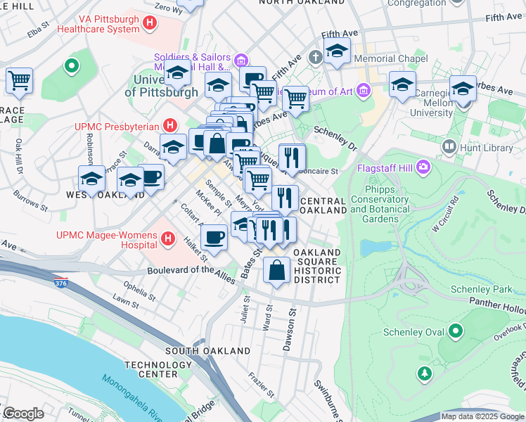 map of restaurants, bars, coffee shops, grocery stores, and more near 356 Atwood Street in Pittsburgh