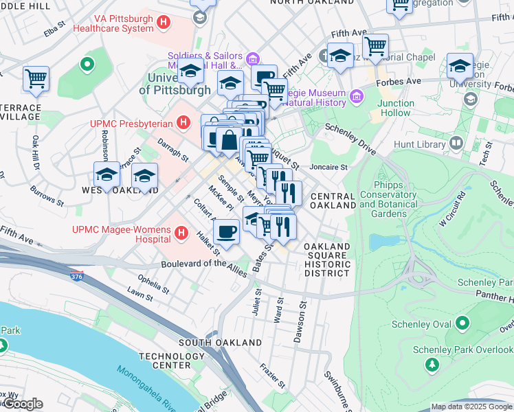 map of restaurants, bars, coffee shops, grocery stores, and more near in Pittsburgh