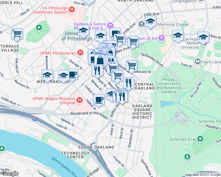 map of restaurants, bars, coffee shops, grocery stores, and more near in Pittsburgh