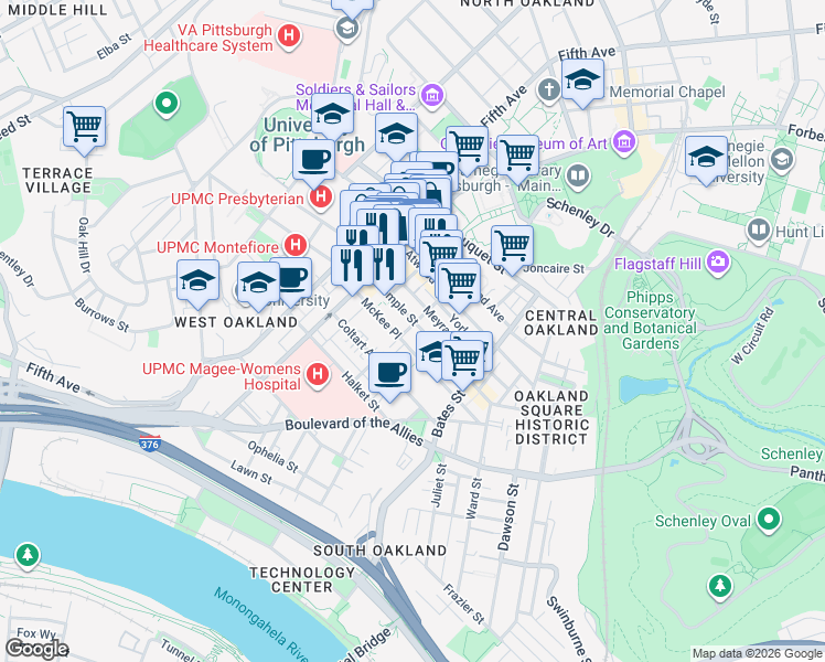 map of restaurants, bars, coffee shops, grocery stores, and more near 299 McKee Place in Pittsburgh