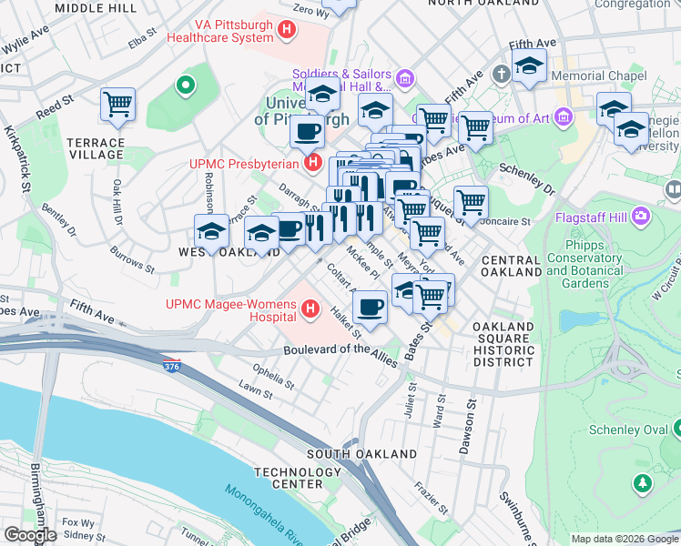map of restaurants, bars, coffee shops, grocery stores, and more near 211 Coltart Avenue in Pittsburgh