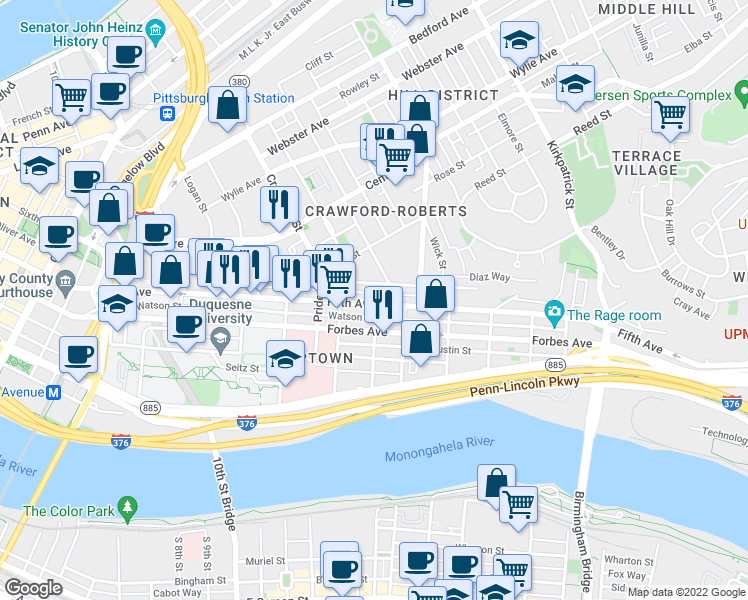map of restaurants, bars, coffee shops, grocery stores, and more near 1627 Fifth Avenue in Pittsburgh