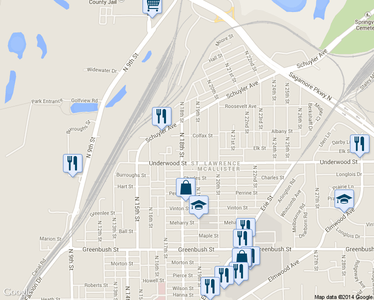 map of restaurants, bars, coffee shops, grocery stores, and more near 2121 North 18th Street in Lafayette