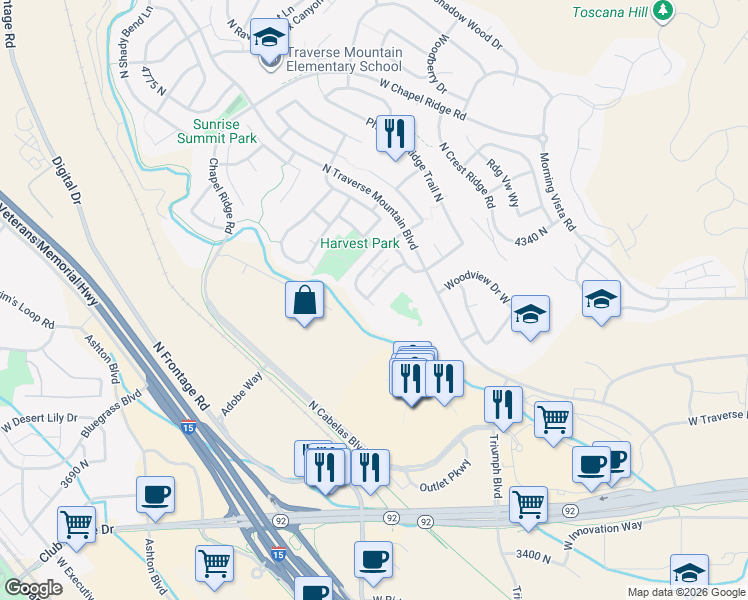 map of restaurants, bars, coffee shops, grocery stores, and more near 4102 Fremont Drive in Lehi