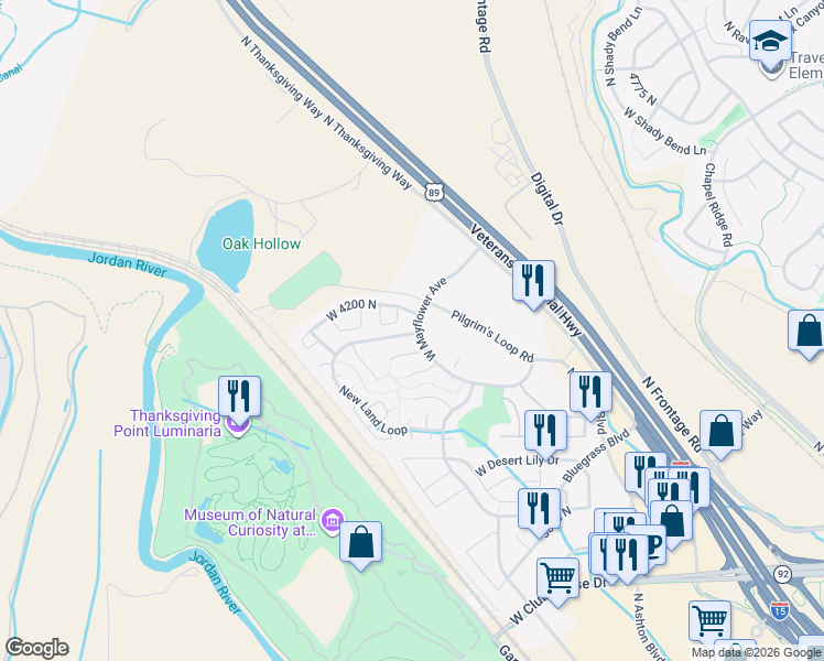 map of restaurants, bars, coffee shops, grocery stores, and more near 3448 New Land Loop in Lehi