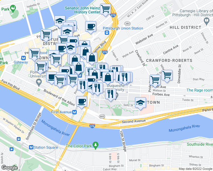 map of restaurants, bars, coffee shops, grocery stores, and more near 900 Fifth Avenue in Pittsburgh
