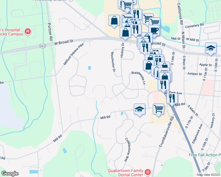 map of restaurants, bars, coffee shops, grocery stores, and more near 44 Pennington Lane in Quakertown