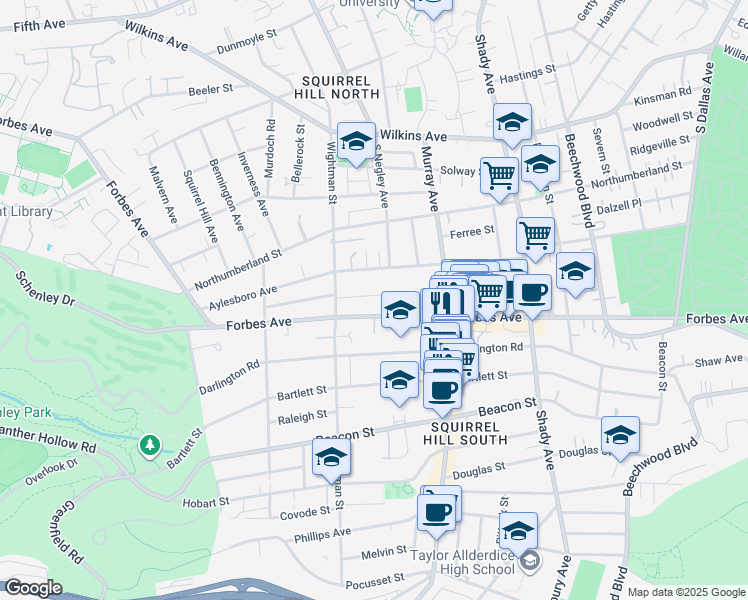 map of restaurants, bars, coffee shops, grocery stores, and more near 5640 Marlborough Avenue in Pittsburgh