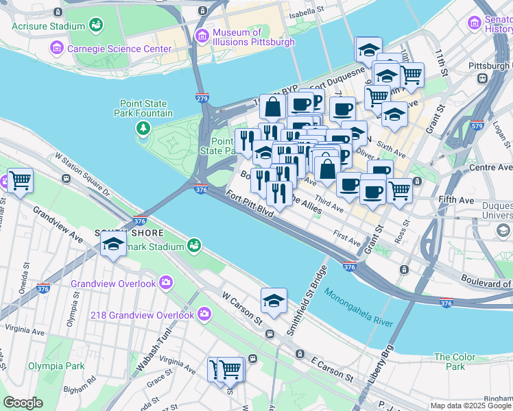 map of restaurants, bars, coffee shops, grocery stores, and more near 2 Stanwix St in Pittsburgh