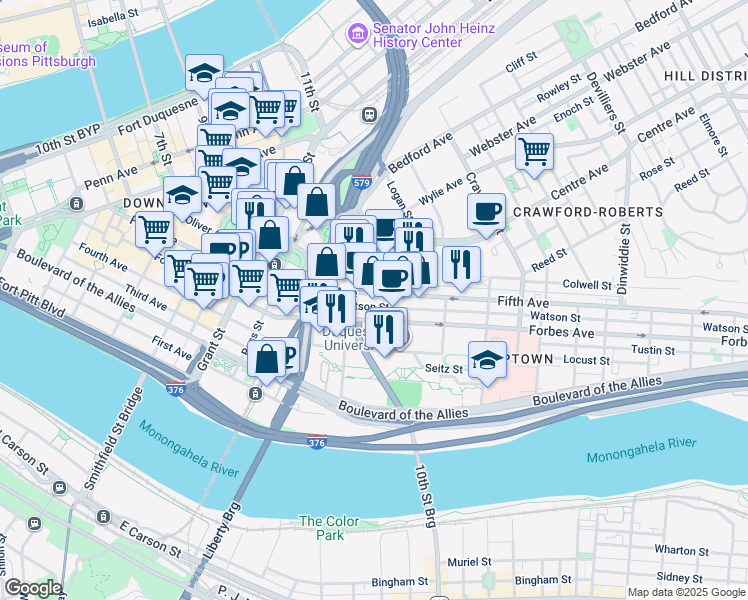 map of restaurants, bars, coffee shops, grocery stores, and more near 820 Fifth Avenue in Pittsburgh
