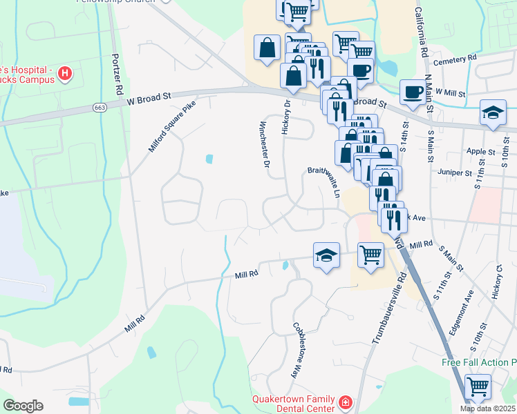 map of restaurants, bars, coffee shops, grocery stores, and more near 44 Pennington Lane in Quakertown