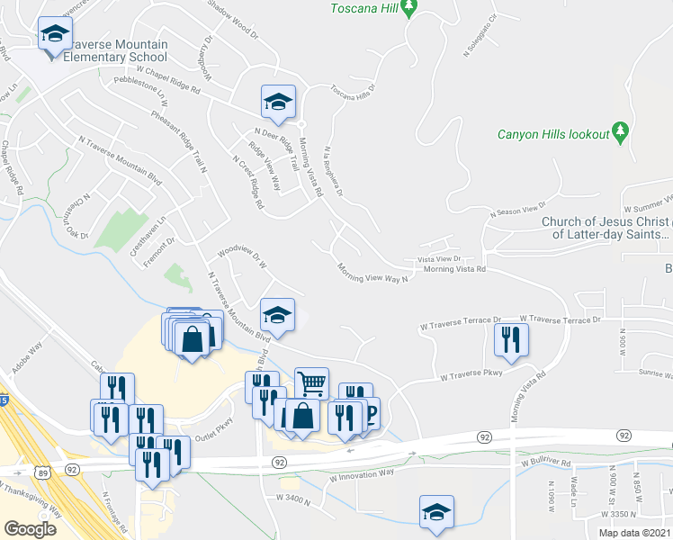 map of restaurants, bars, coffee shops, grocery stores, and more near 4121 Morning View Way North in Lehi