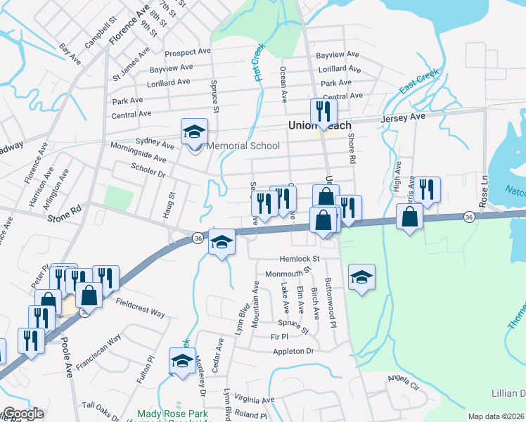 map of restaurants, bars, coffee shops, grocery stores, and more near 508 Washington Avenue in Union Beach