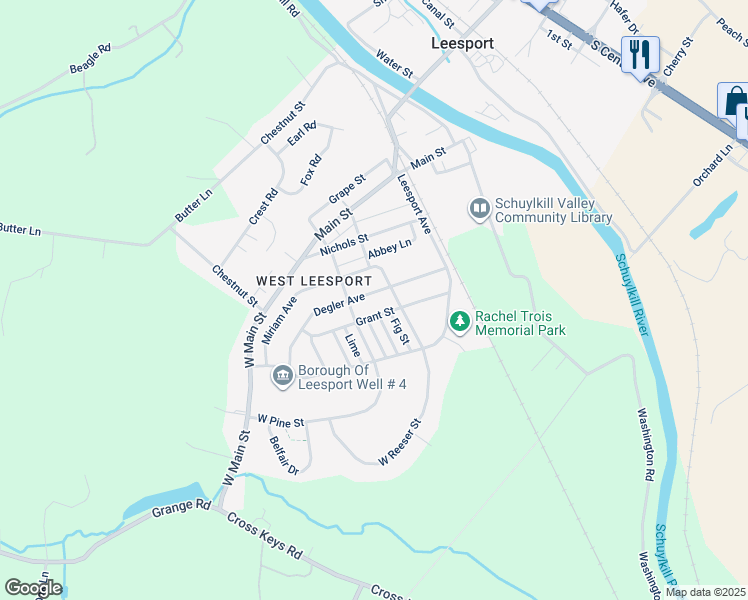 map of restaurants, bars, coffee shops, grocery stores, and more near 308 Degler Avenue in Leesport