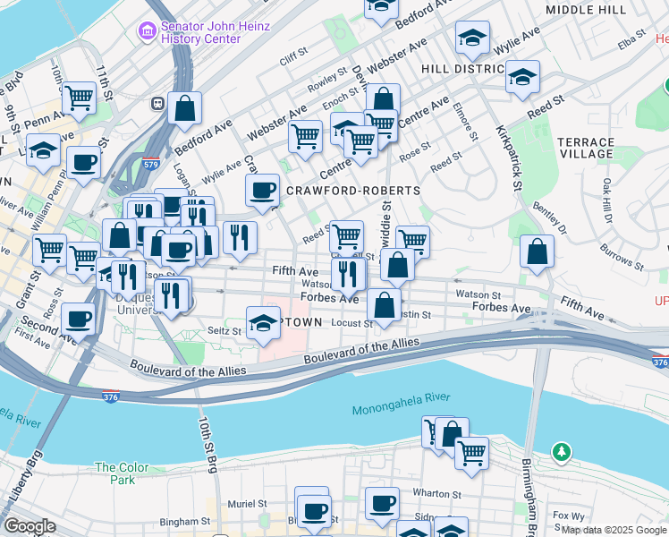 map of restaurants, bars, coffee shops, grocery stores, and more near 1627 Fifth Avenue in Pittsburgh