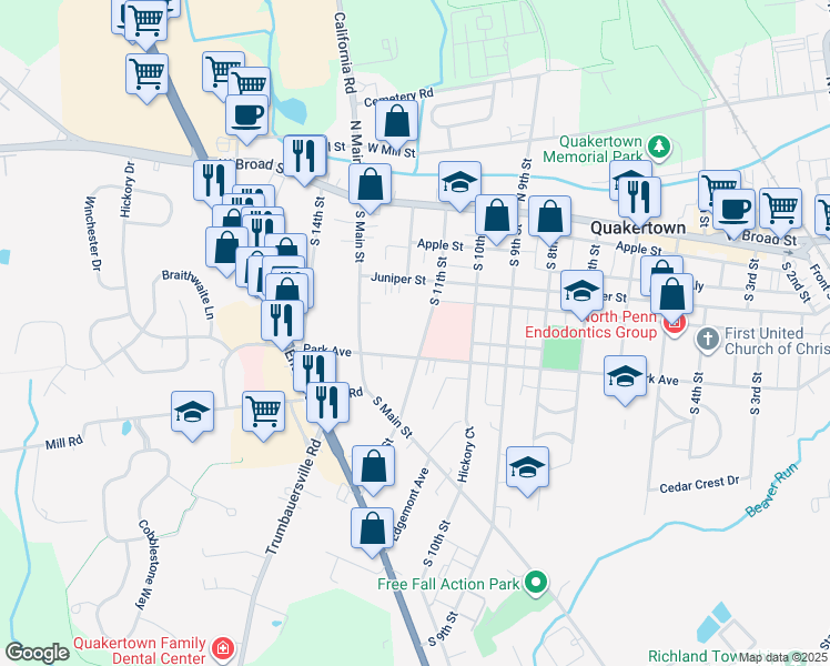 map of restaurants, bars, coffee shops, grocery stores, and more near 144 South 11th Street in Quakertown