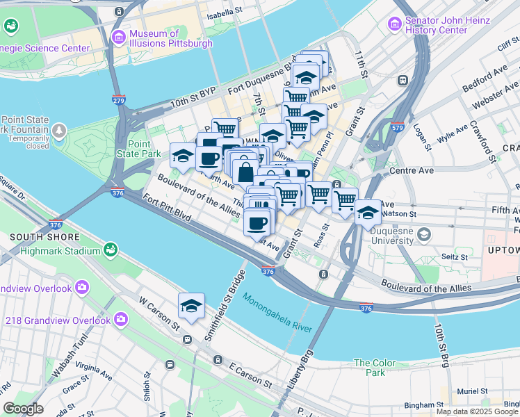 map of restaurants, bars, coffee shops, grocery stores, and more near 201 Wood Street in Pittsburgh