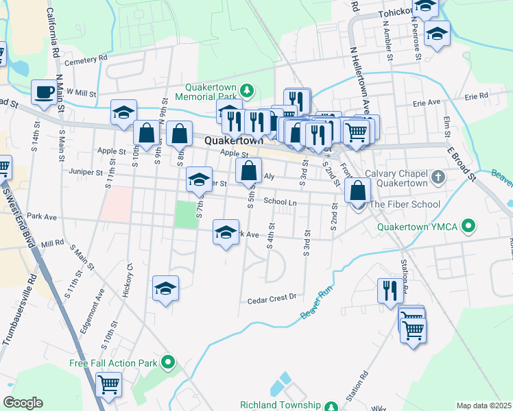 map of restaurants, bars, coffee shops, grocery stores, and more near 127 South 5th Street in Quakertown