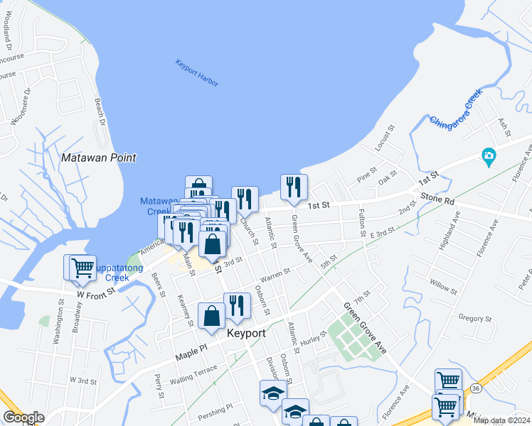 map of restaurants, bars, coffee shops, grocery stores, and more near 100 1st Street in Keyport