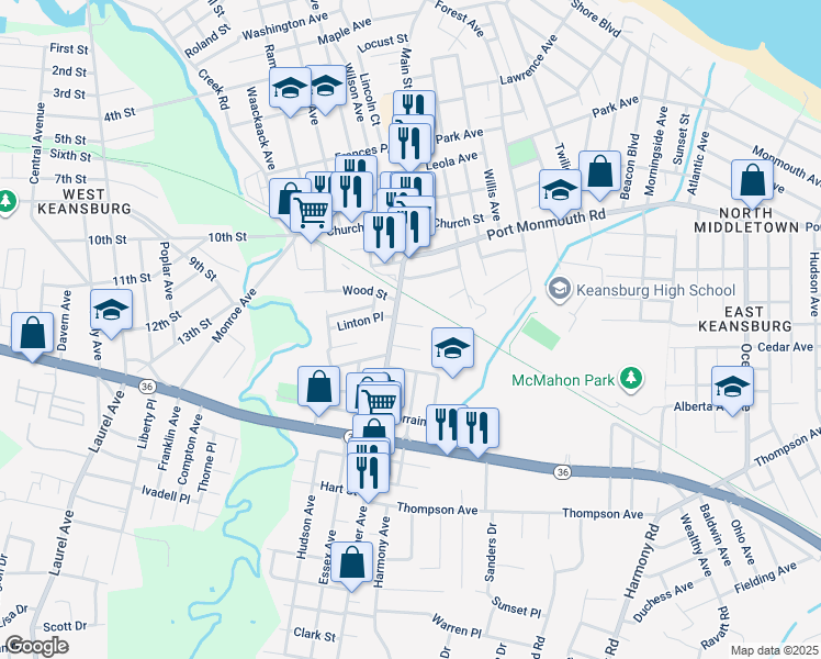 map of restaurants, bars, coffee shops, grocery stores, and more near 12 Mason Place in Keansburg