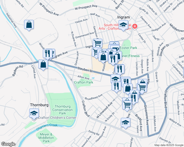 map of restaurants, bars, coffee shops, grocery stores, and more near 119 West Steuben Street in Pittsburgh