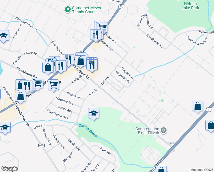 map of restaurants, bars, coffee shops, grocery stores, and more near 23 Aspen Drive in North Brunswick Township