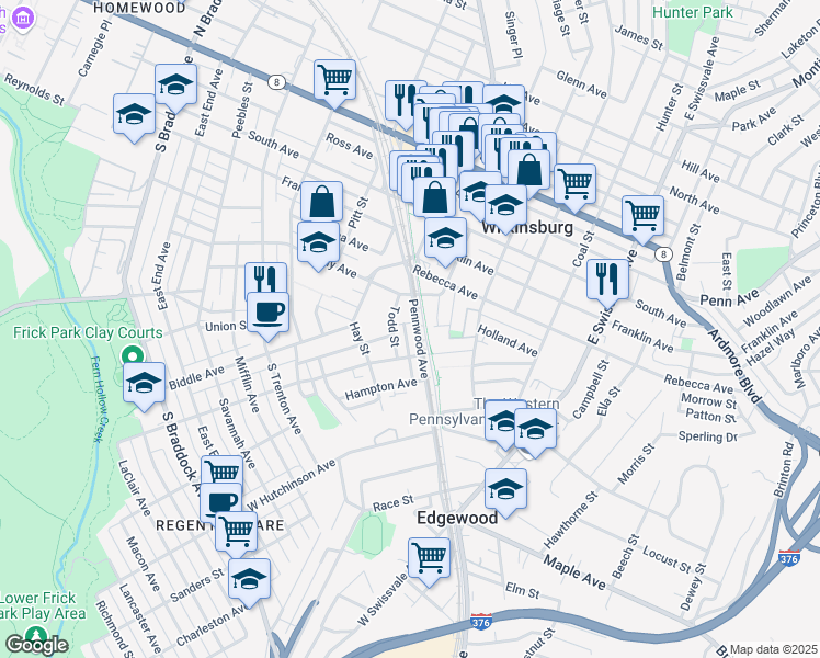 map of restaurants, bars, coffee shops, grocery stores, and more near 414 Todd Street in Pittsburgh