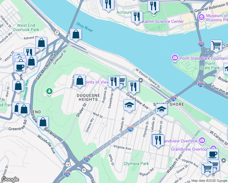 map of restaurants, bars, coffee shops, grocery stores, and more near 1411 Grandview Avenue in Pittsburgh
