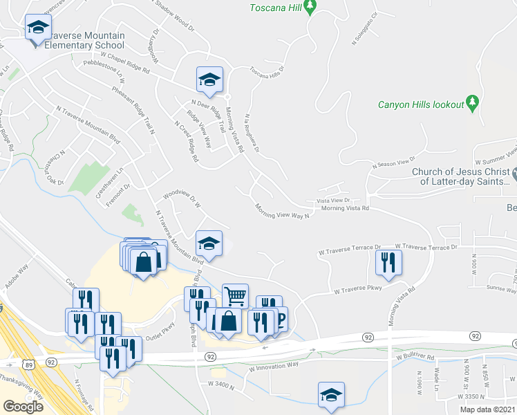 map of restaurants, bars, coffee shops, grocery stores, and more near 4121 Morning View Way North in Lehi