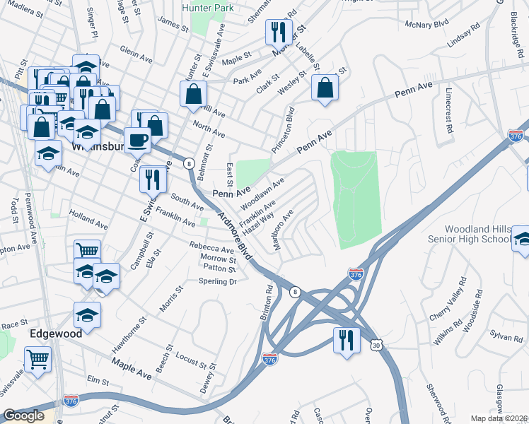 map of restaurants, bars, coffee shops, grocery stores, and more near 1324 Franklin Avenue in Pittsburgh